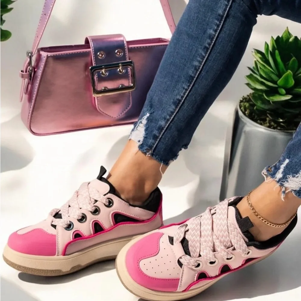 Street style Lace up Skateboard‎ Sneakers Pink Black Women’s Size 9 New With Tag